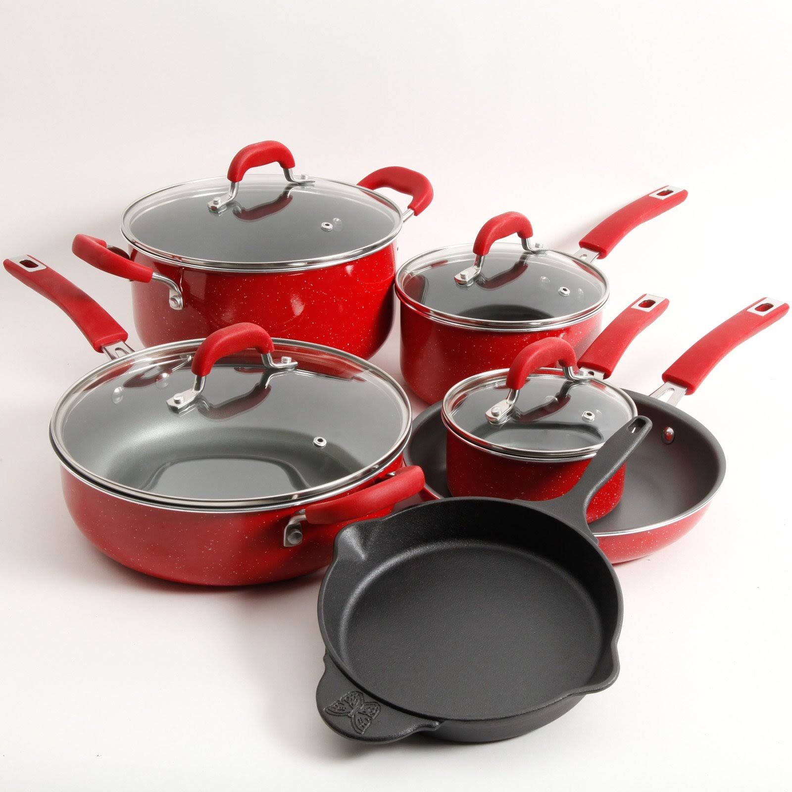 57c922f0163f8941c1c797312e6afcfb6d4122eb47f467ea622f4572bc07f843.jpg The Pioneer Woman Vintage Speckle 10-Piece Non-Stick Pre-Seasoned Cookware Set Red - Image 1
