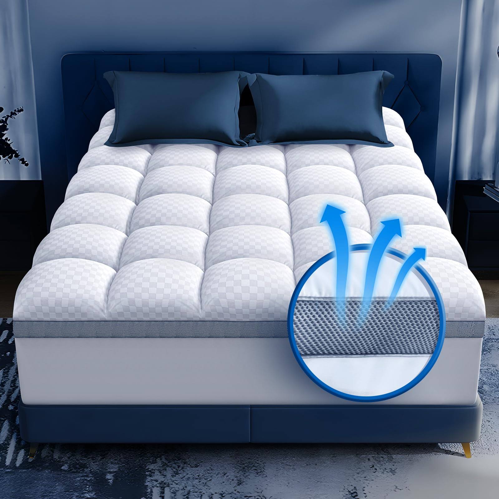 57ccb64bd1beb003a12272fa348c5925a39e99a497179ee5c4f86684dd96dd35.jpg Premium Memory Foam Mattress Topper Queen for Ultra Comfort, 2" Plush Pillow Top Queen Mattress Topper with Breathable Air Mesh Sides, Soft Mattress - Image 1