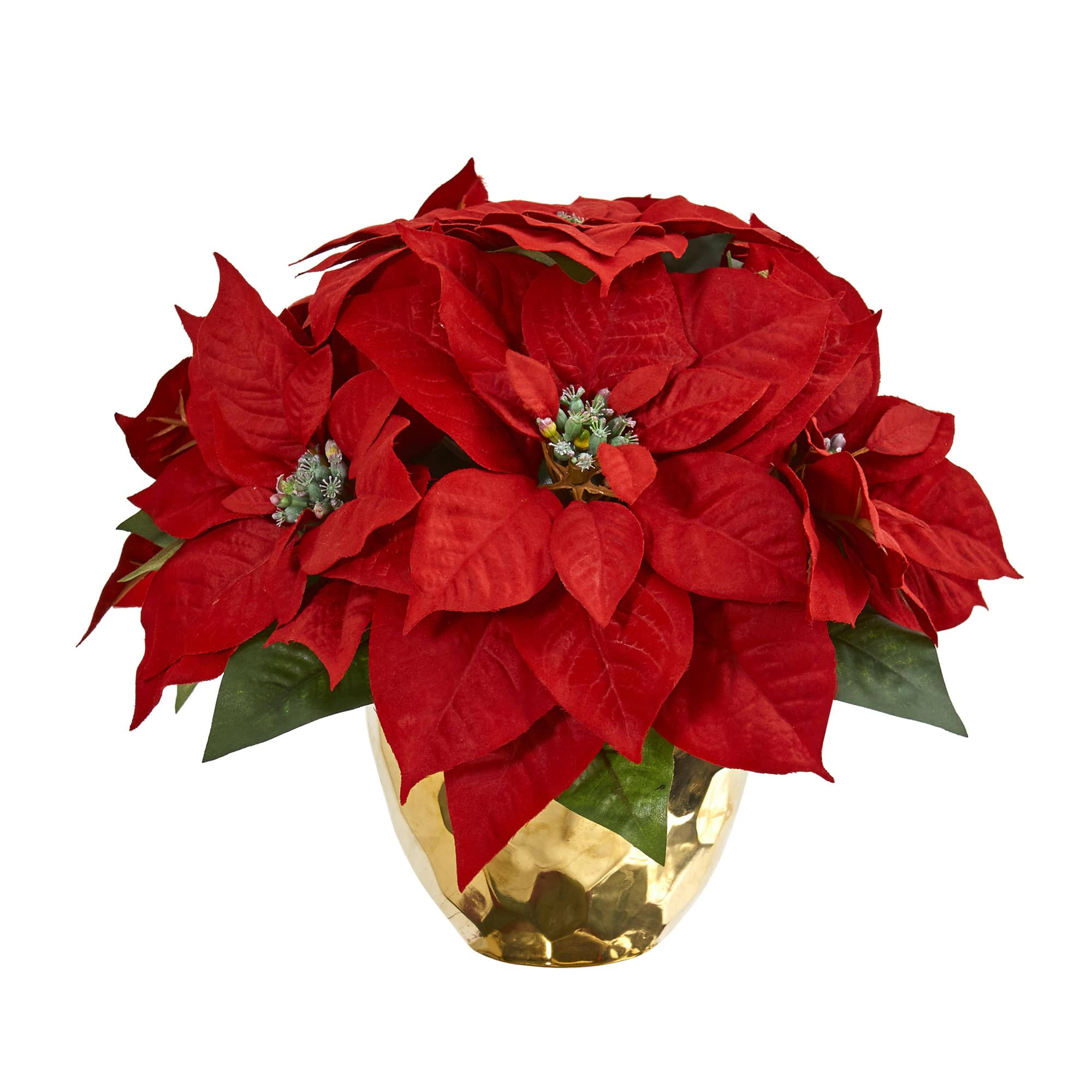 57cf8b23ab9f2df6f3bb615c303f62e98f34e0f40e913e816738c61422e5c04d.jpg Nearly Natural Poinsettia Artificial Arrangement in Golden Vase - Image 1