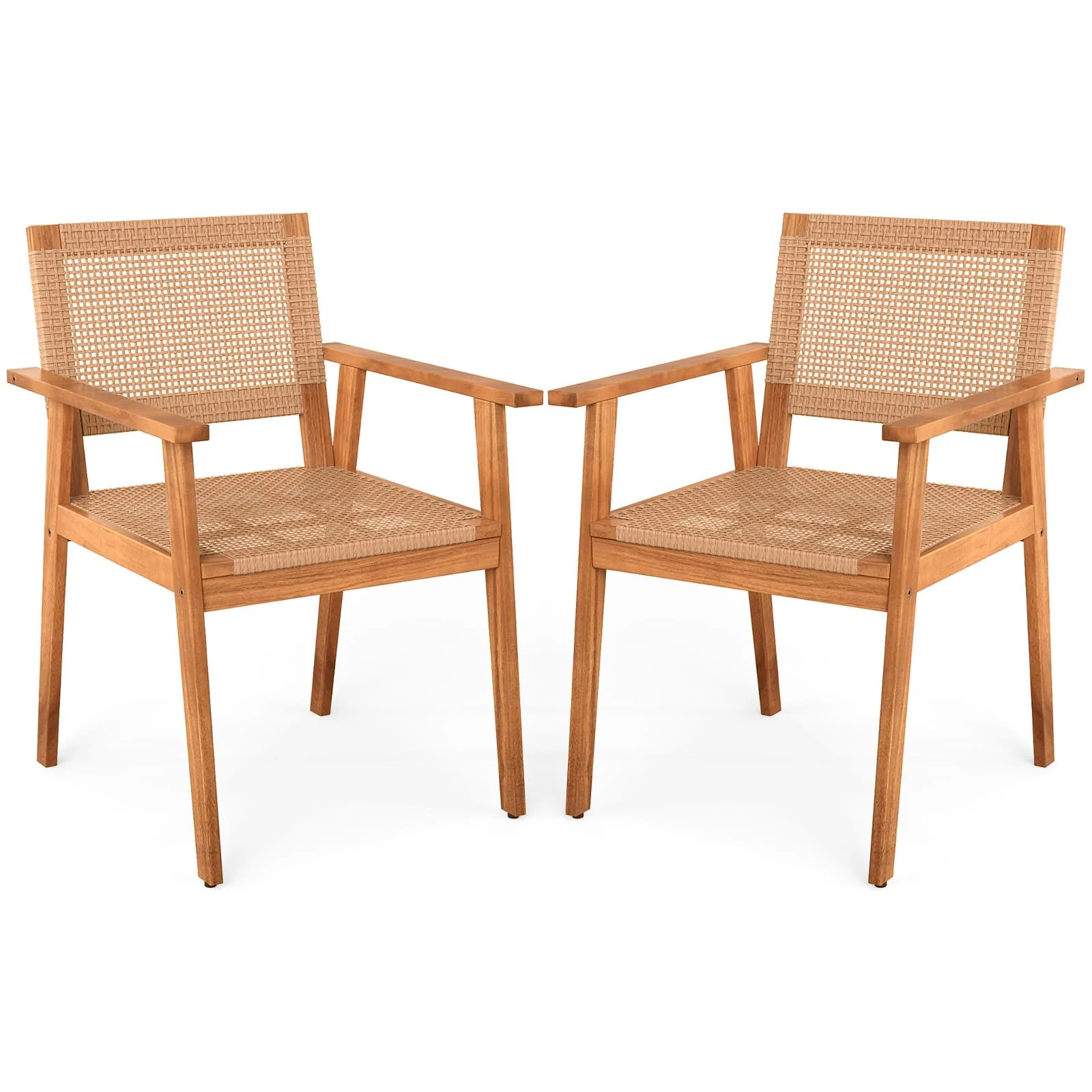 581c03789f211a7e3a6c8944608f9a5fe6193f9ac6a5af4043b428997bdc7931.webp Tangkula Acacia Wood Outdoor Dining Chairs Set of 2/4 PE Rattan Patio Chairs with Backrests and Armrests - Image 1