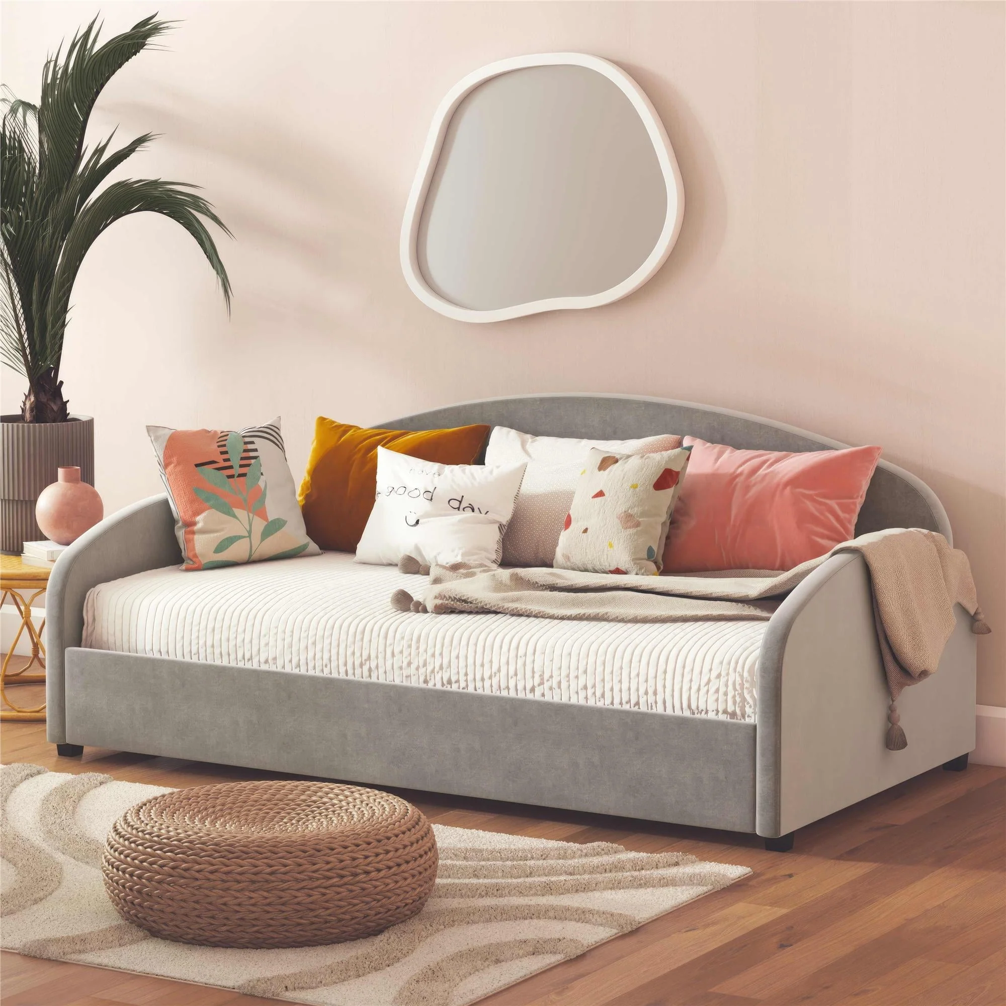 582682b8c399b1a463bcfa54d38b12100eb8831088509afffc9eb846192d0ac7.webp Mr. Kate Moon Upholstered Daybed Frame, Twin, Light Gray Velvet - Image 1
