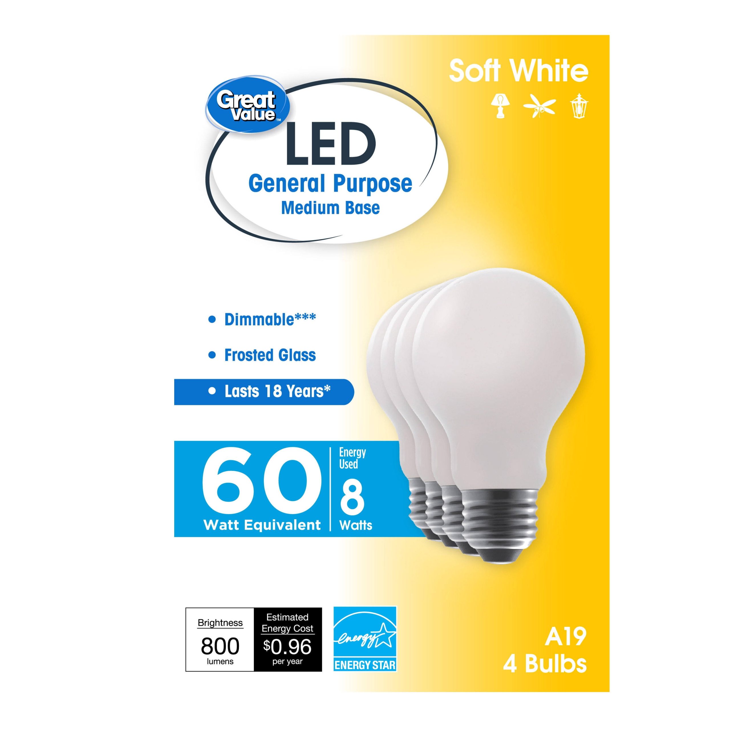 58836a32176614ca189bc53830b29d364f15ee396f8999bb6a5efd40e2da1a4c.jpg Great Value 60 Watt LED A19 Bulbs, Soft White - 4 Each 41676 - Image 1