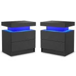 LED Nightstand Set of 2, Modern Bedside Table with 2 Drawers Storage Space, Adjustable Colors LED Light, Black