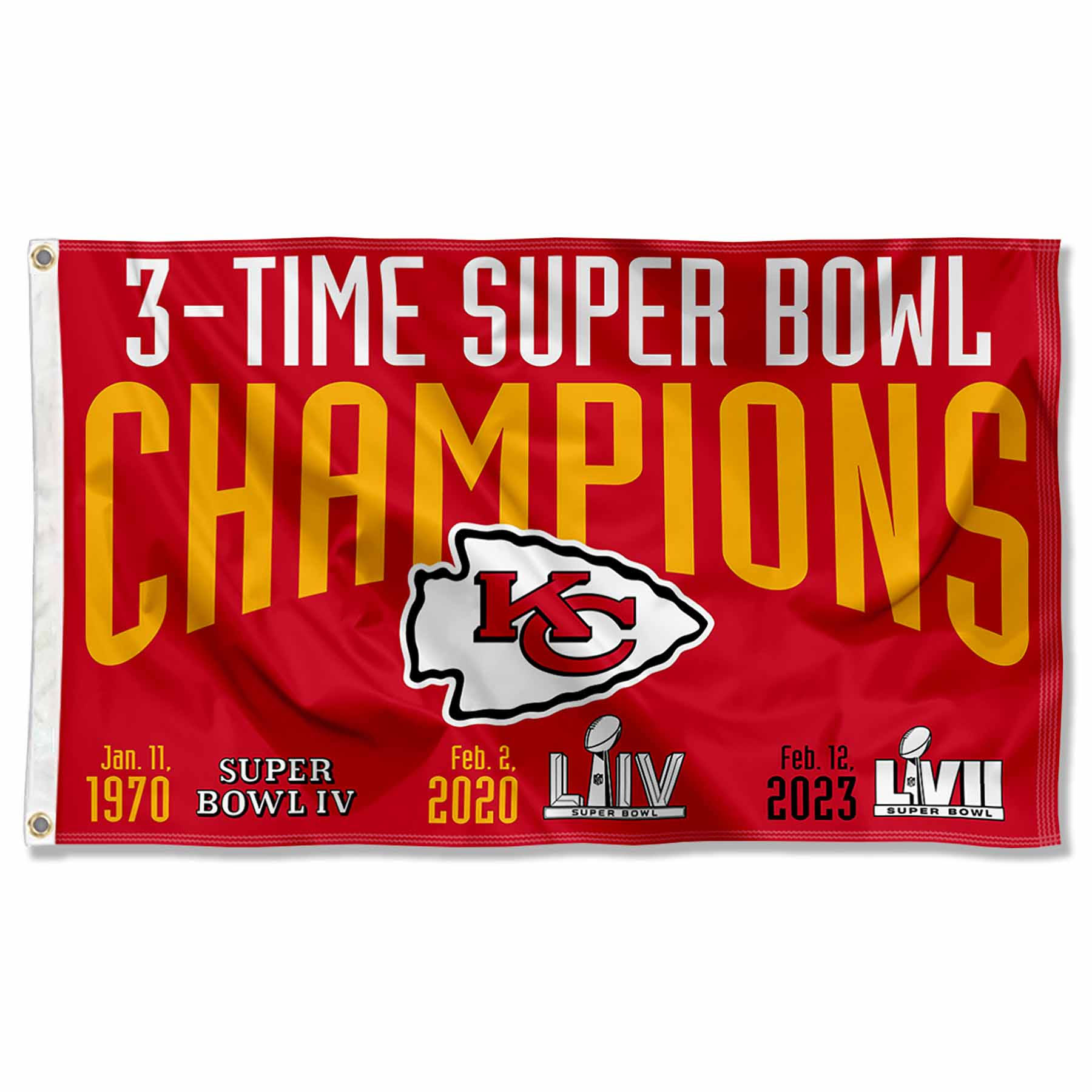 590eed12ce28480fd7677f8307cca865702135f76782454956589bedae9bc049.jpg Kansas City Chiefs 3 Time Super Bowl Champions 3x5 Banner Flag - Image 1