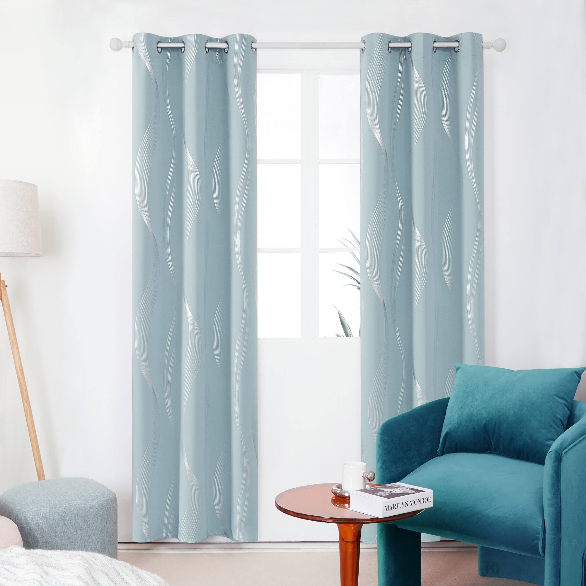 5918d0870227d4a8a897aef83c21e78527c124a3593497caca18c69a5b1b24f6.jpg Deconovo Room Darkening Blackout Curtains Foil Print Wave Striped Grommet Window Curtains for Living Room Set of 2 42 by 45 inch Sky Blue - Image 1