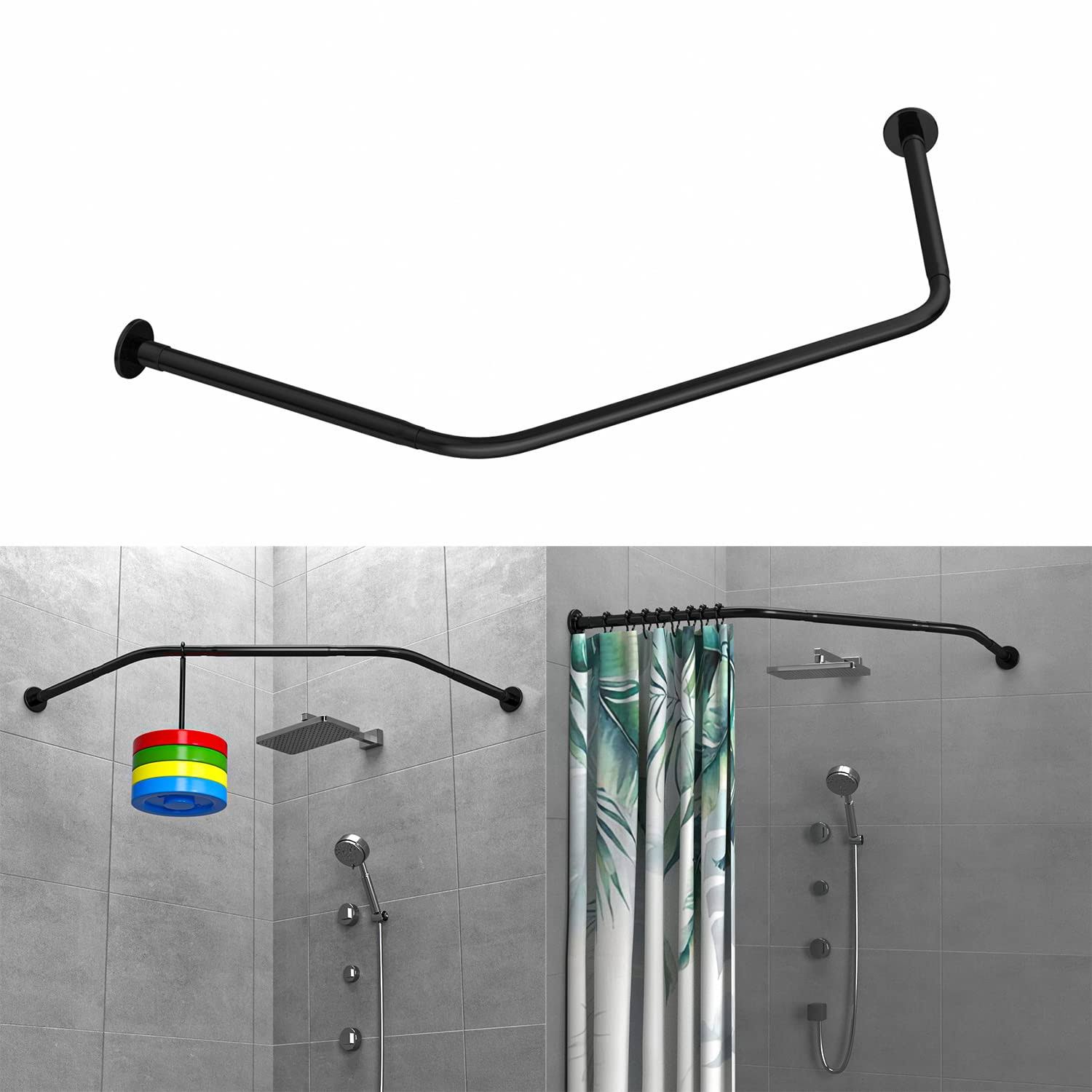 591a8965b5824d414cd95f3e6c2a82efc045c6ad73ed44e6e3ca5cf91a932170.jpg Tanxih Corner Shower Curtain Rod Adjustable Stainless Steel Diamond Shaped Rack Drill Free Install for Bathroom, Bathtub, Clothing Store (Black - Image 1