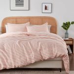 Queen Size Washed Flax Linen Duvet Cover with Shams, Stripe Design, 3 Piece Bedding Duvet Cover Set - Coral