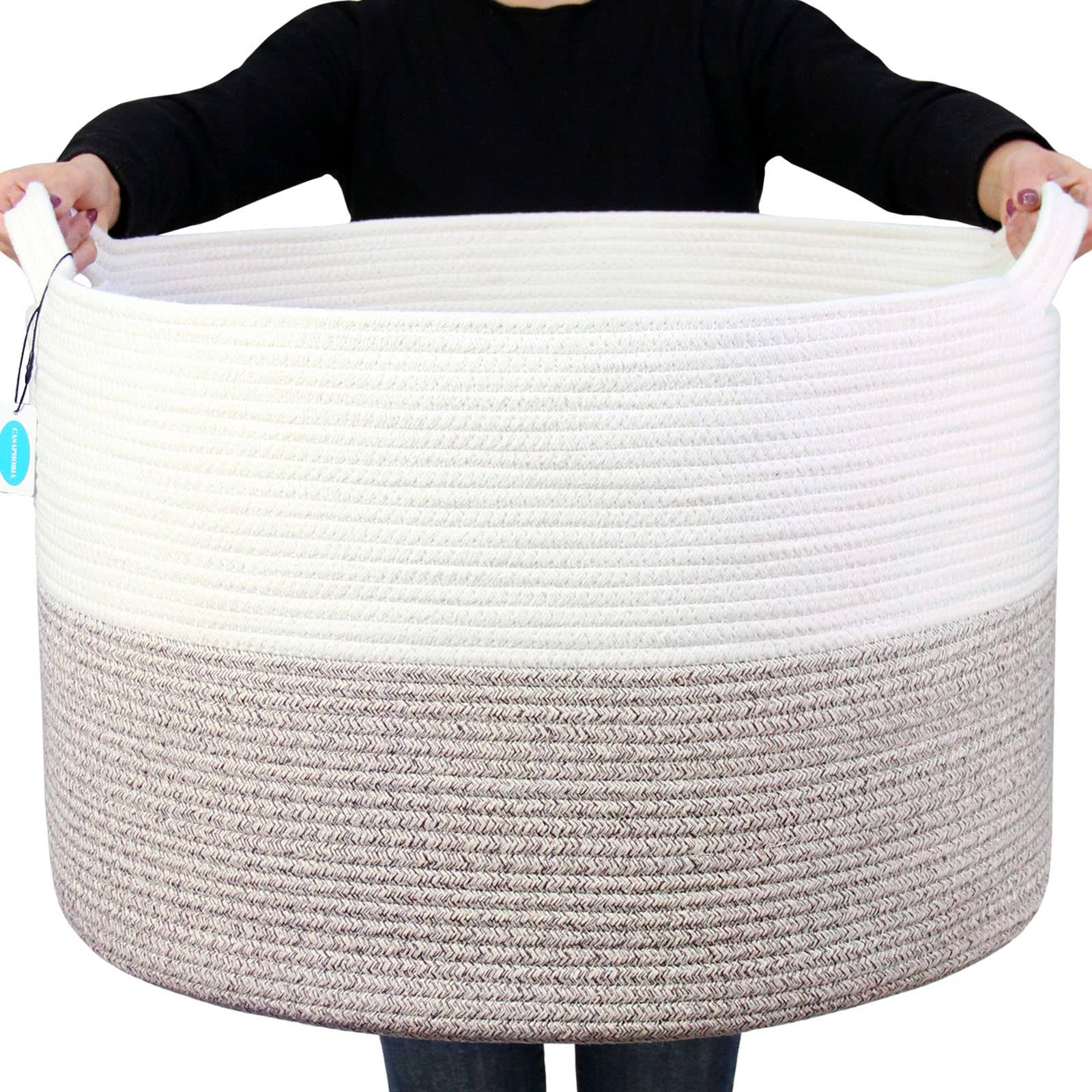 5937535facaa42677aaeeb388f3d86902c377ae42d34f4ef25bb758df17e609d.jpg Casaphoria XXXLarge Cotton Rope Basket 21.7" x 21.7" x 13.8" Woven Laundry Blanket Basket Basket with Handle Storage Comforter Cushions Thread - Image 1
