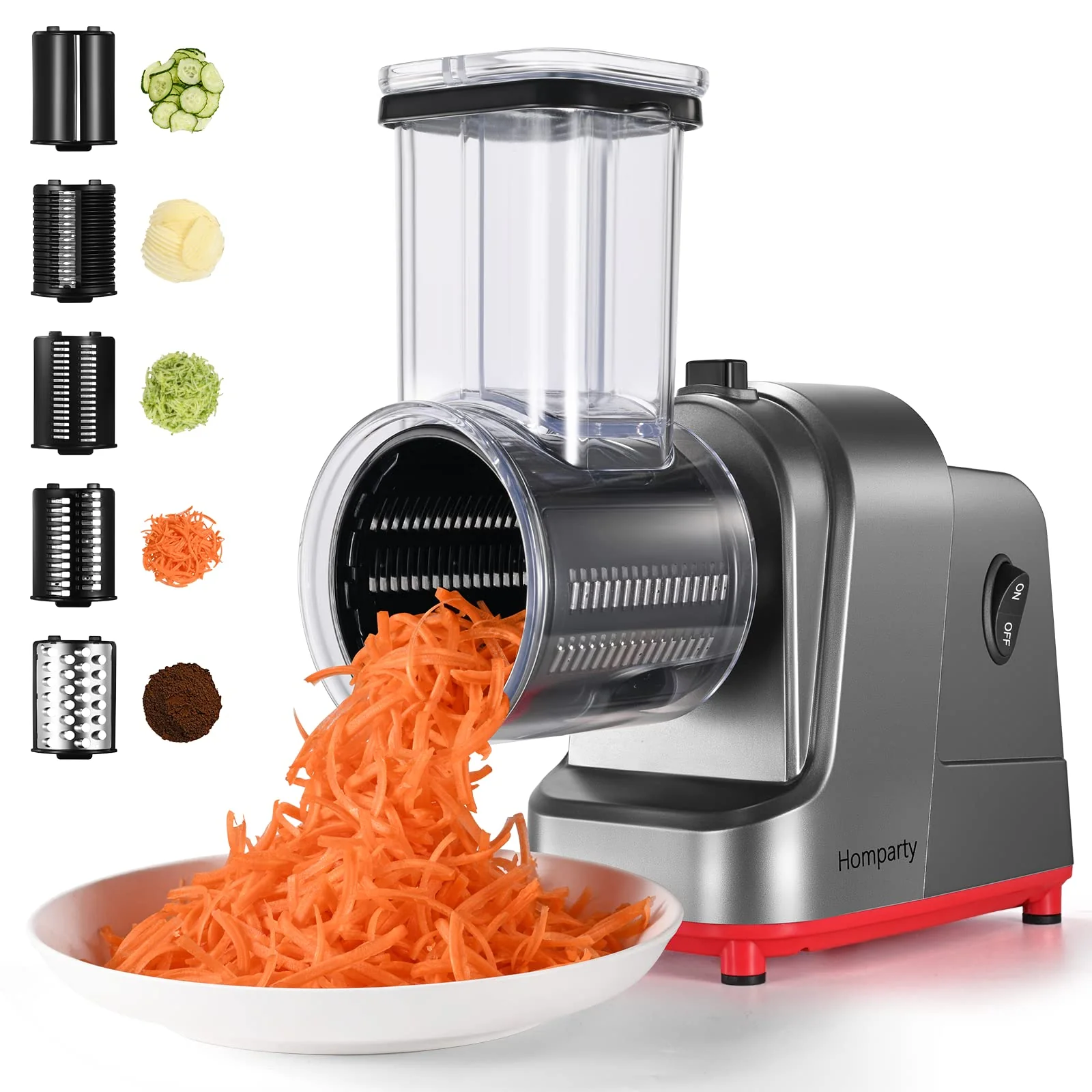 5960c567225bac11c26a67b56e2e51bd7976f1982e25bd80d4ade02f8cb6aaaa.webp Homparty Electric Cheese Grater. 250W Electric Slicer Shredder - Image 1