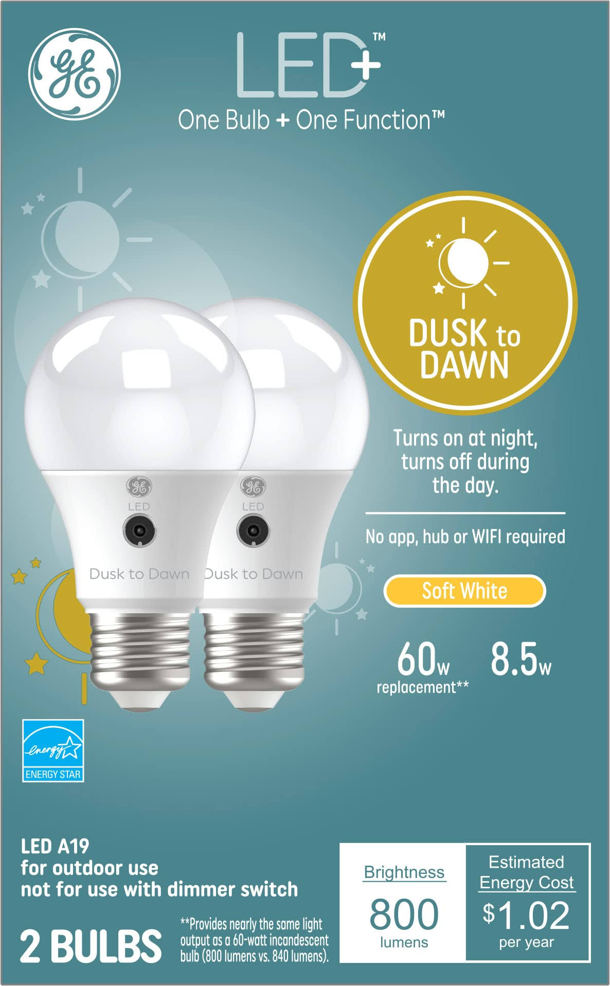 59a655043a82656145ea06414b89a09a4d53bac8a38c61437069df8290e990c2.jpg GE LED+ Dusk to Dawn LED Light Bulbs, Automatic On/Off Outdoor A19 Bulbs, Soft White (2 Pack) - Image 1