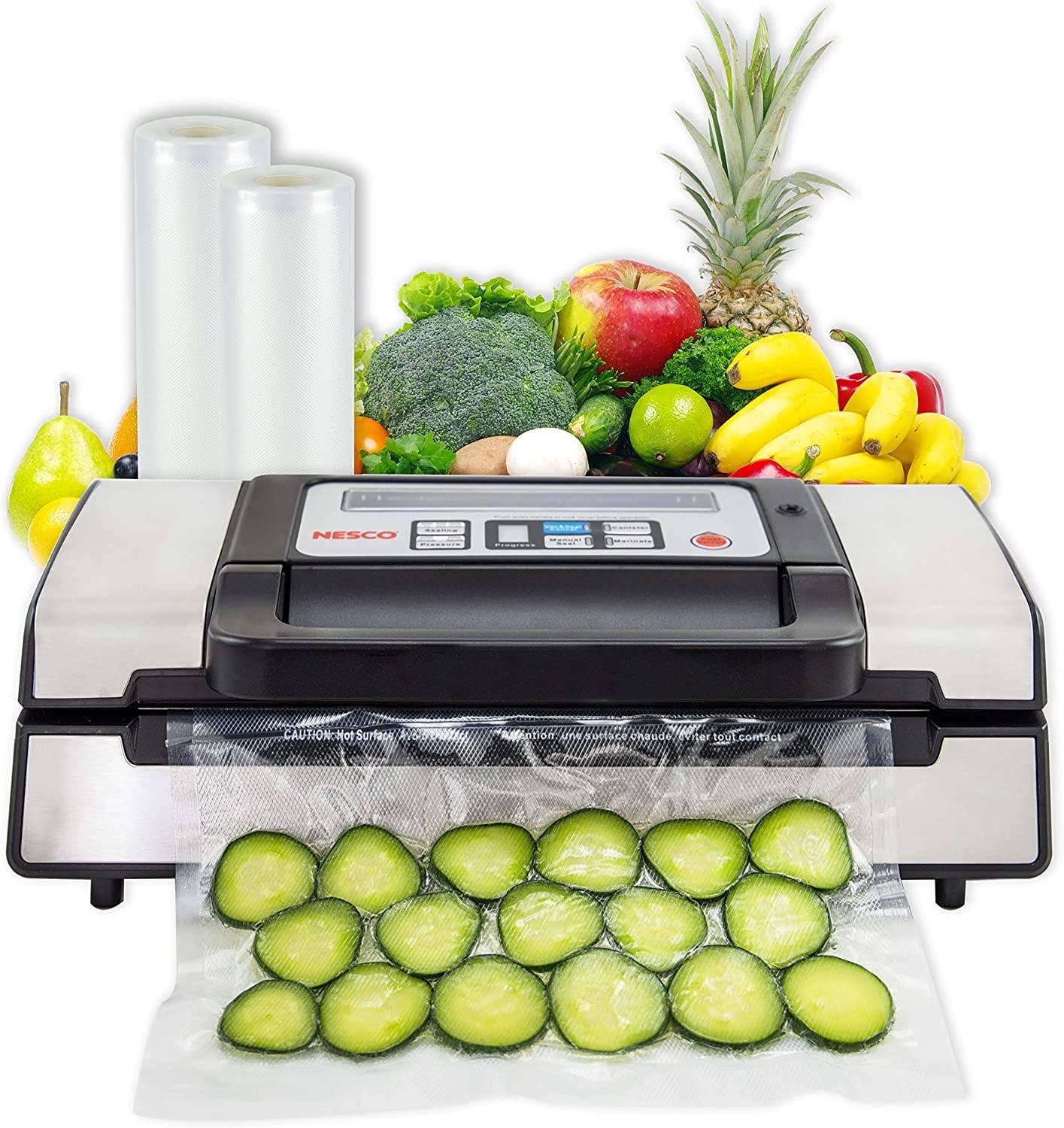 59c0bb9a1697139840ec44bc10a7c951663c8dca9d475ddab767d8dccdff199a.jpg Nesco Deluxe Food VS-12 Vacuum Sealer, 130 Watts, Kit Bags & Viewing Lid, Compact, Silver - Image 1