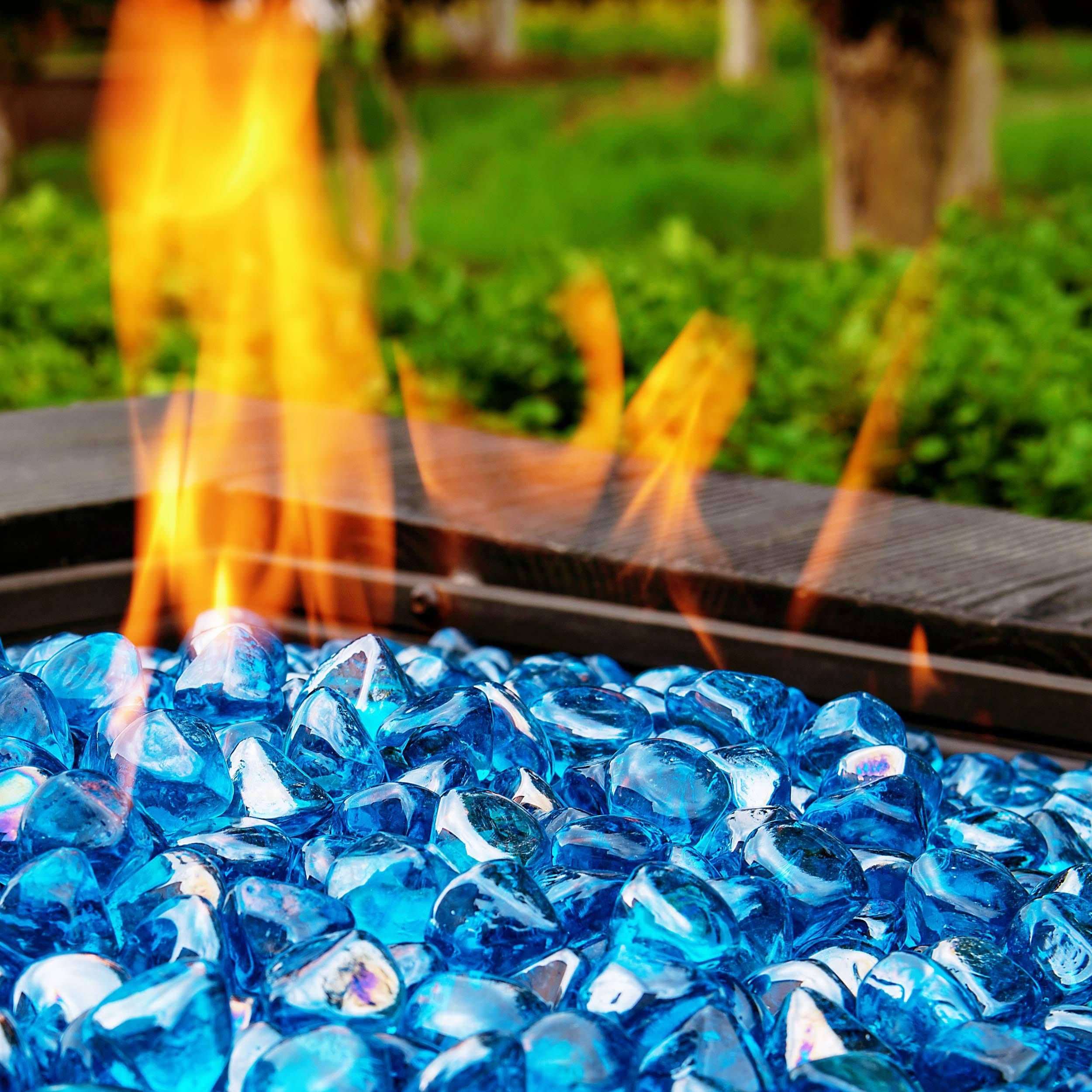 59c0d671d1d4c722645ac4ae2726df7064a903f851b9ef53c09d52fbd9e6fb53.jpg Chilli Cosmos Fire Glass Diamond 1 inch Fire Pit Glass Rocks for Propane or Gas Fire Pit (10 Pounds Margarita Azura Blue ) Gift Package - Image 1