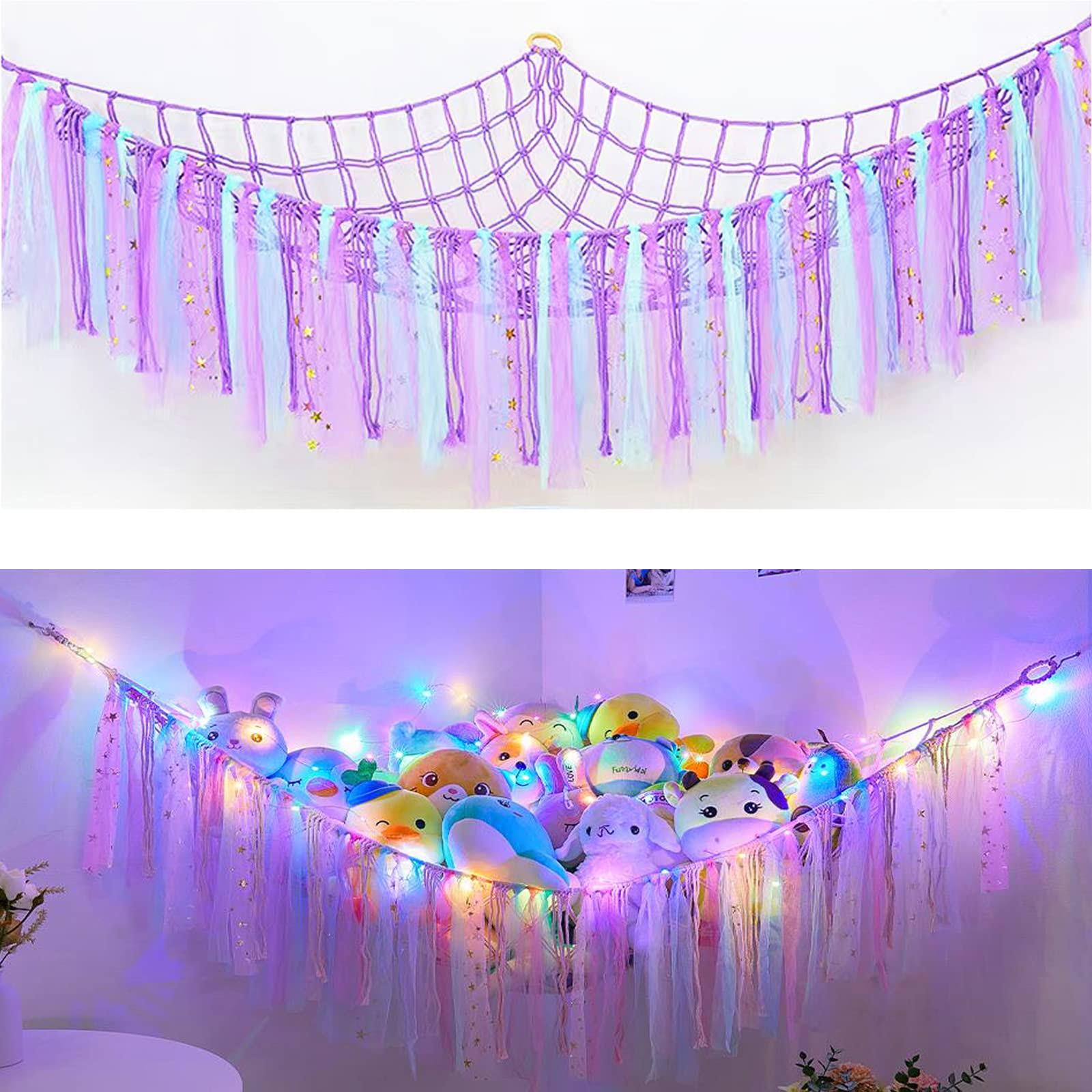 59c2b09c2e8909995a1d1e24ff878ef12cf58b3fa591df8e8cfe6877ac488ad7.jpg FYANER Stuffed Animal Net Stuffed Animal Storage Hammock with LED Lights Colorful Tassels Hammock Hanging Stuffed Toy Storage Organizer Holder for - Image 1