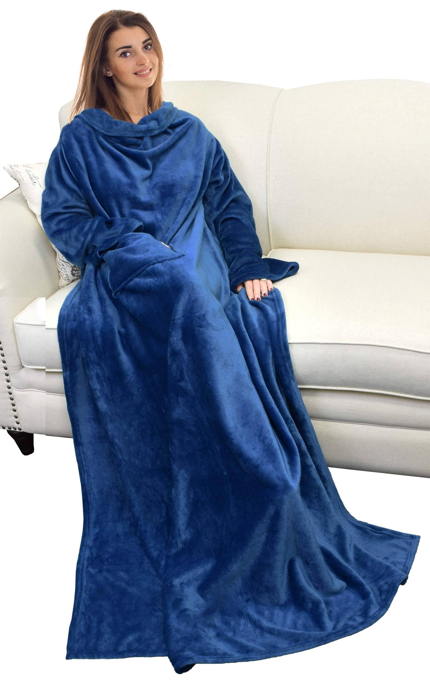 59c5bb11f4a49e54099670df2dd7fbdf520966a36429083ea03ce0b0720a7dc3.jpg Catalonia Wearable Blanket with Sleeves and Pocket, Cozy Soft Fleece Mink Micro Plush Wrap Throws Blanket Robe for Women and Men - Image 1