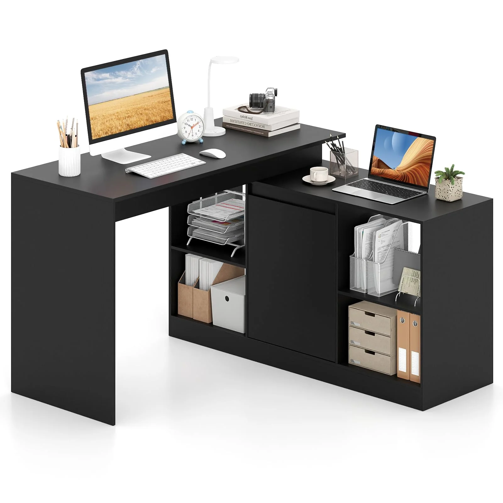 59ccba67da314c0bc723695722301684a6ff189a39e40f0d11de47192d99f54f.webp Tangkula L-Shaped 48" Reversible Corner Writing Desk with 2-Way Cabinet & 4 Storage Compartments - Image 1
