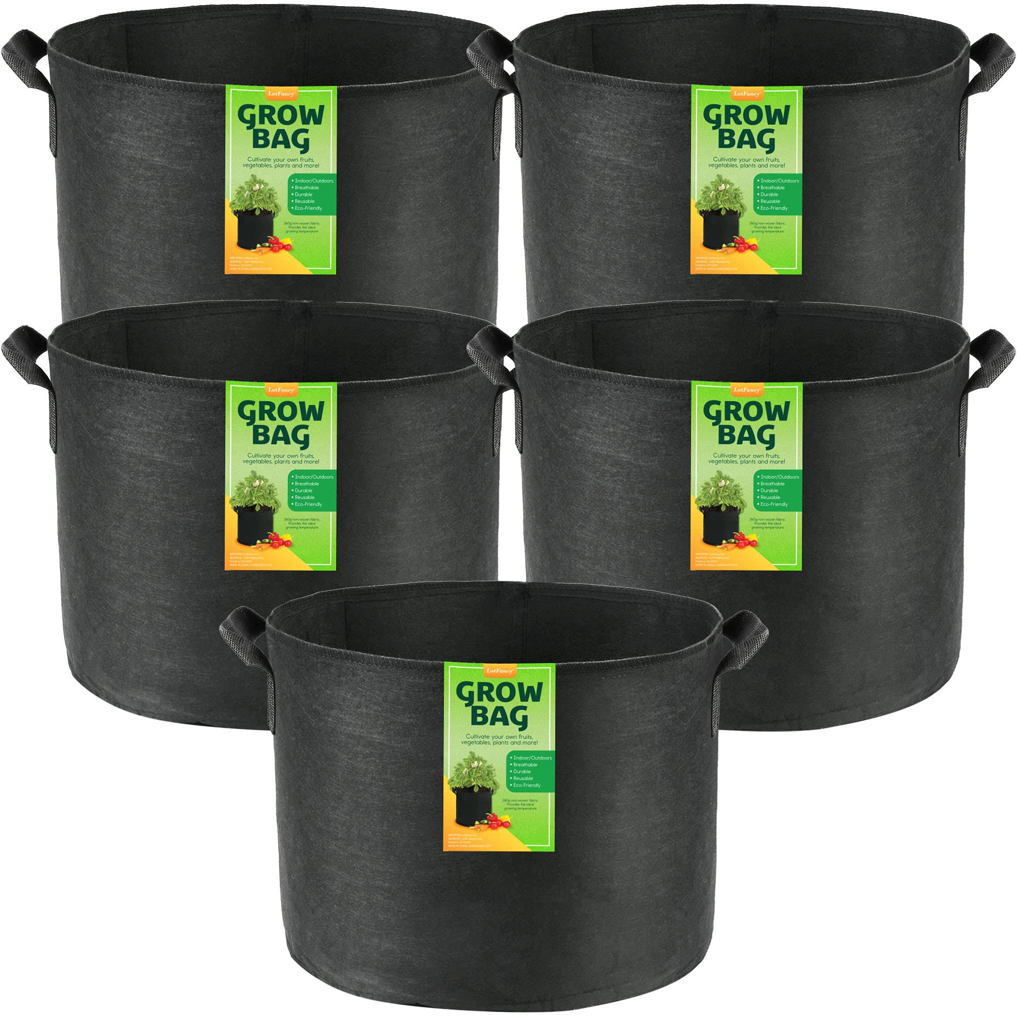 5a131b399ae9ed6593aa3403e977a1b2e2dce3ed84fbc0586ca98793be5fdfb6.jpg LotFancy Grow Bags 20 Gallon, 5-Pack, Thickened Nonwoven Fabric Pots with Reinforced Handles, Heavy Duty Aeration Planter Bags for Vegetables - Image 1