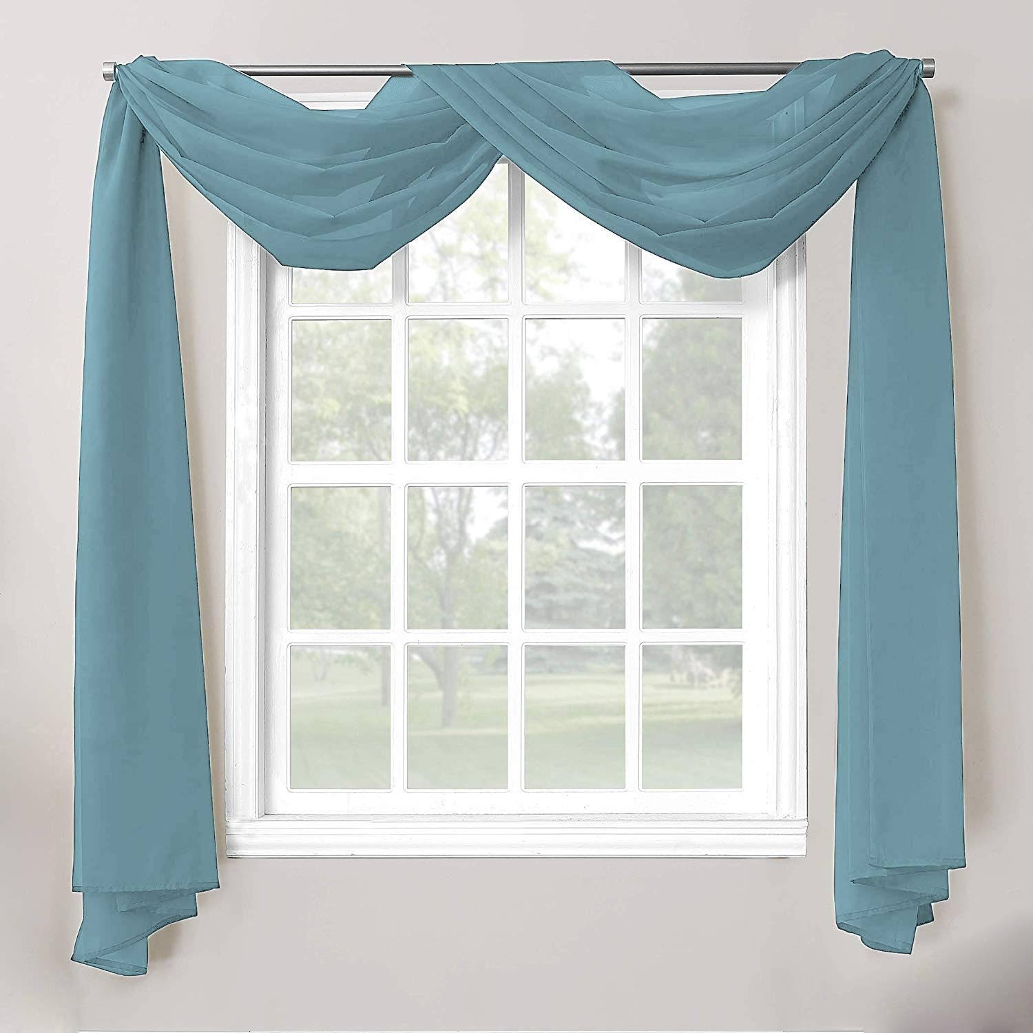 5a688310720ff6e9fc3d17bc68820e82c1480c380db255d50254290d2f4441de.jpg LuxuryDiscounts Beautiful Elegant Solid Slate Blue Sheer Scarf Valance Topper 40" x 216" Long Window Treatment Scarves - Image 1