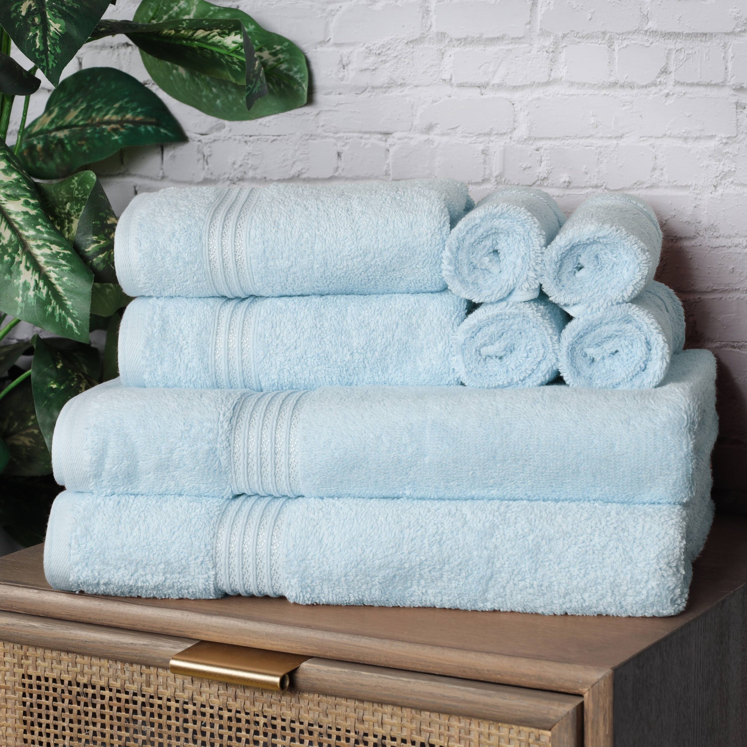 5a9576aaed1f91e6b60d414f64ac0f5b7693108707aa7753fae78afe16c3be93.jpg Superior Egyptian Cotton Absorbent 8-Piece Medium Weight Towel Set - Light Blue - Image 1