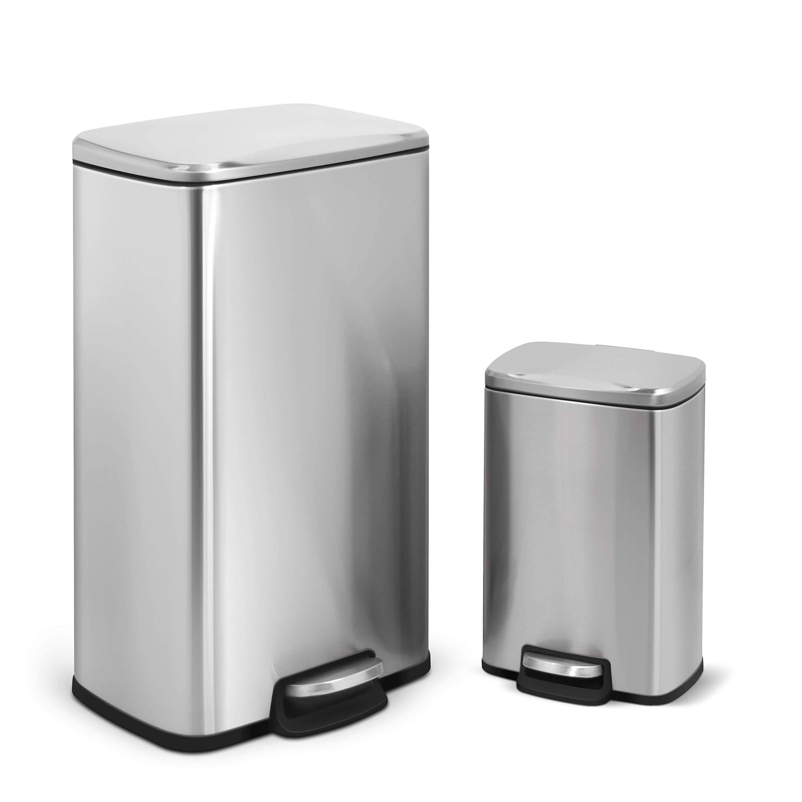 5aaf0ec60f96d51482ef02b35af3165ee00cf56e7948258eb34226c07875459a.jpg Innovaze 8 Gal.30 Liter and 1.3 Gal.5 Liter Rectangular Stainless Steel Step-On Trash Can Set for Kitchen and Bathroom - Image 1
