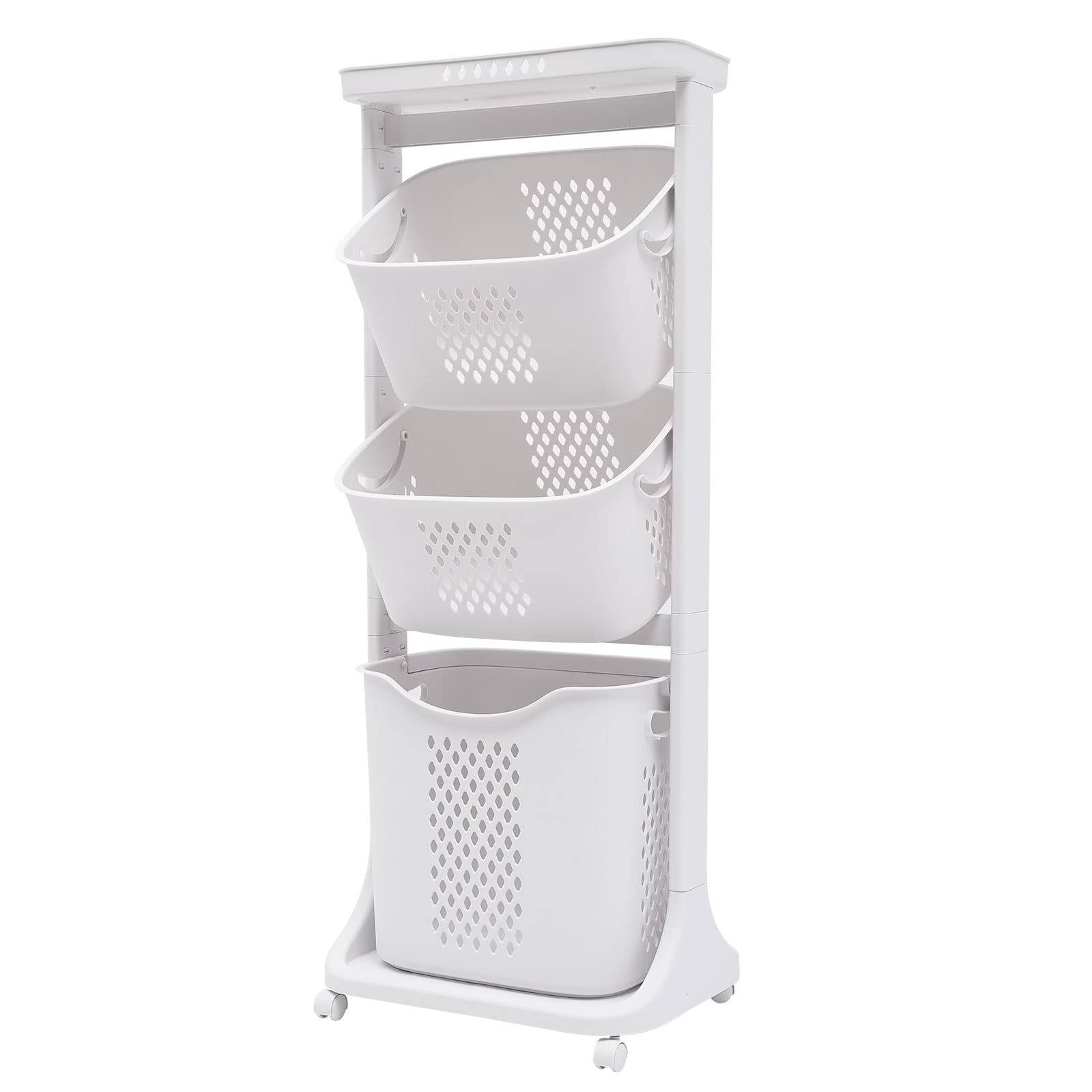 5ad3c1b9e2d159c7284cdc7859b93c58c609edf9175bbe9244df479a427dbc22.jpg Bazargame 3 Layer Laundry Hamper Basket Sorter Wash Clothes Storage Organizer Rolling Cart with Pulleys, used in The Bathroom Bedroom to Store Dirty Clothes - Image 1