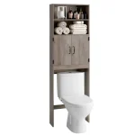 Homfa Over Toilet Storage Rack, Bathroom Storage Cabinet Over Toilet with 4 - Tier Shelves and 2 Doors, Gray Finish