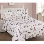 Golden Linens Full Size 4 Pieces Printed Sheet Set with Pillowcase Multi Colors White Black Pink Paris Eiffel Tower Design Girls / Kids/ Teens#Full