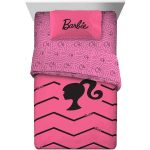 Barbie Kids Twin Bed-in-a-Bag, Comforter and Sheets, Pink Chevron, Mattel