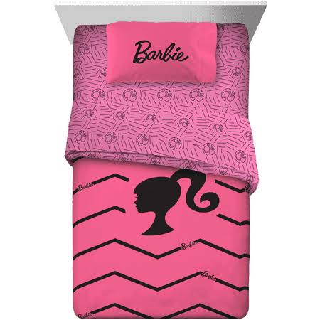 5b690371375e1279e2c3aae4288356a4593afe3574d589a8e53d4fd53e45bada.jpg Barbie Kids Twin Bed-in-a-Bag, Comforter and Sheets, Pink Chevron, Mattel - Image 1