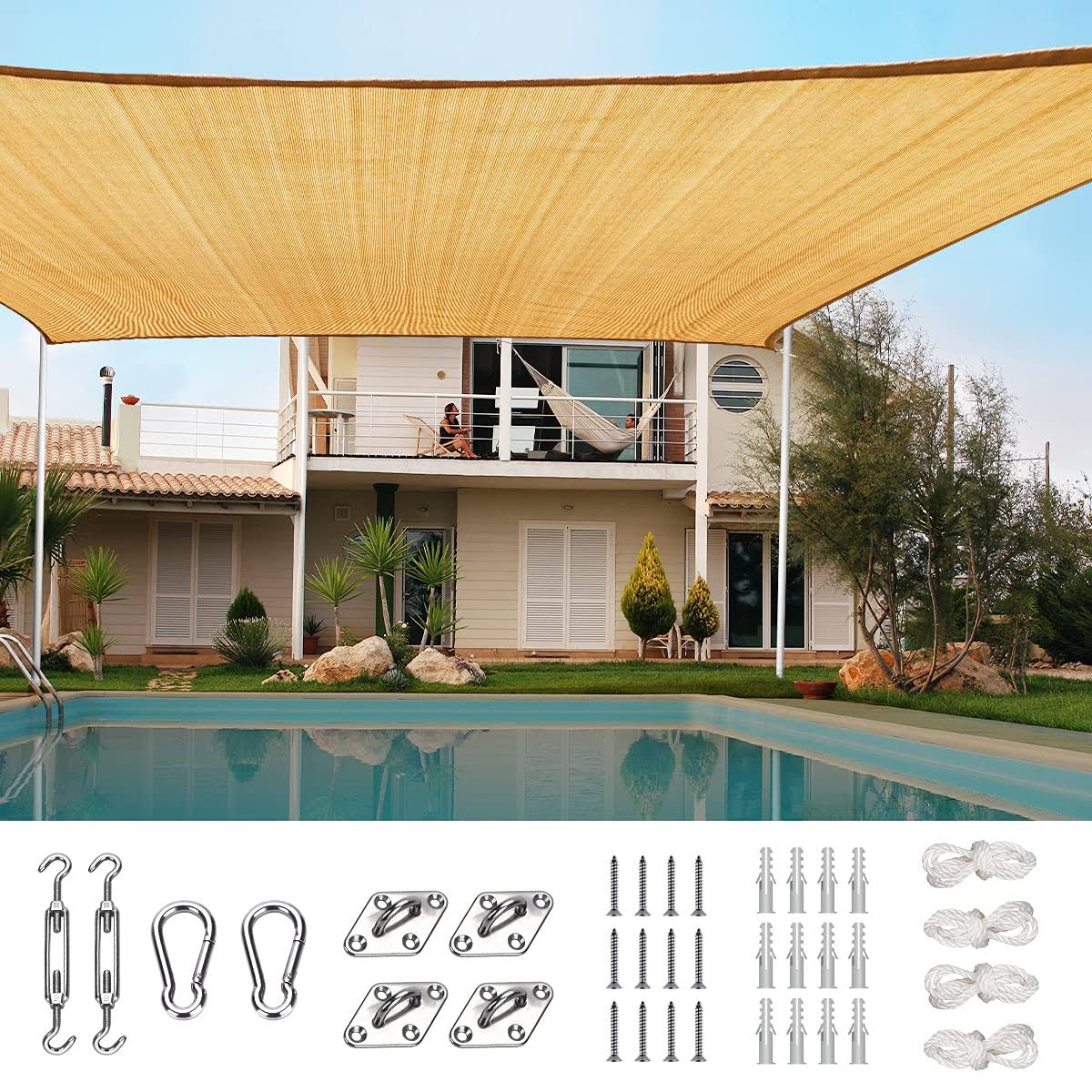 5ba6b665c4af596b1976cfdd53072ea36165a2ae7b61397689587f14a4e00c7b.jpg Quictent 185g HDPE Square Sun Shade Sail Canopy 98 UV Block Outdoor Patio Garden with Free Hardware Kit 24X24FT, Sand - Image 1
