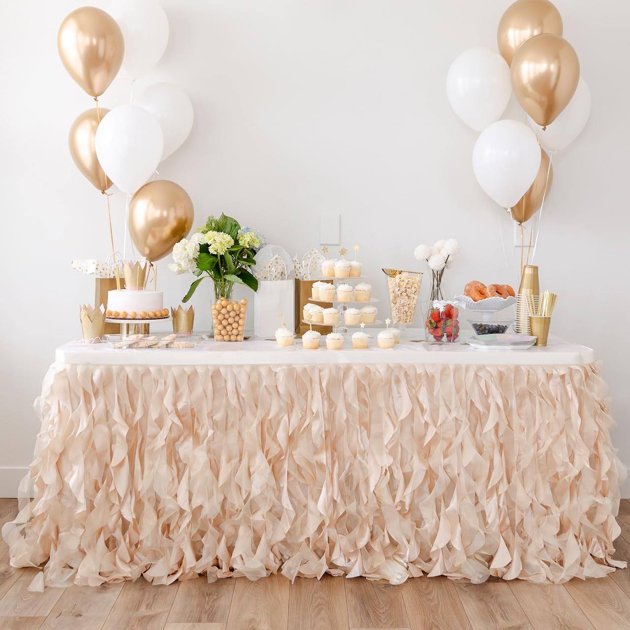 5bc51c6a03ba5e56452684bde4f02b1845964574ba66f36e0ad03e32f61ffb4e.jpg Bluekate Champagne Gold Table Skirt. 9ft Table Skirt with Double Layer Organza! Wedding Decorations Rustic Theme, Graduation, Gold Party Decorations - Image 1