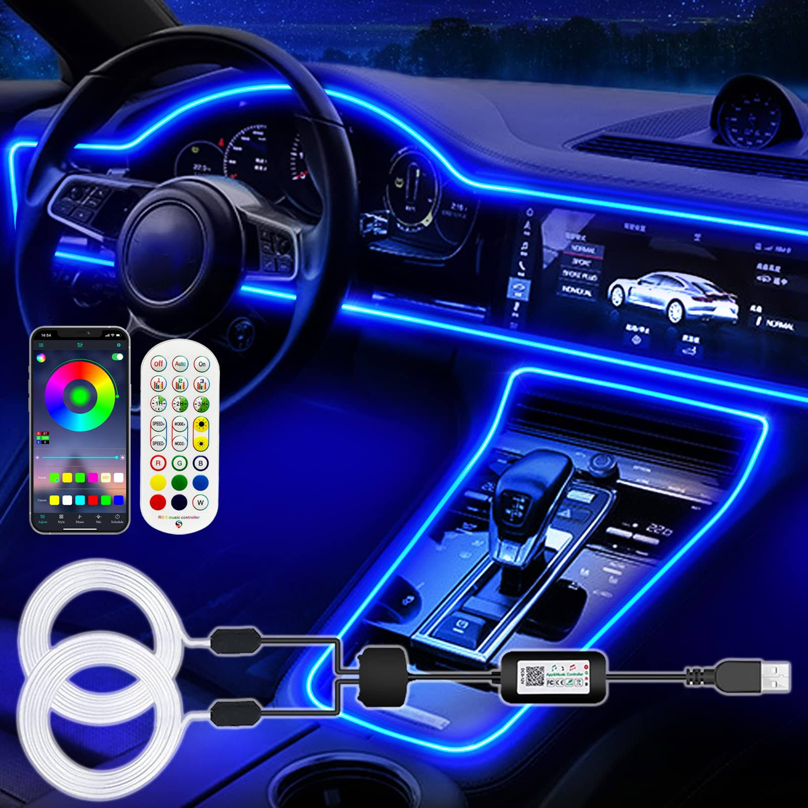 5bc711d89832004011c9b911488f21baa66667e903a1001a536ede026338f6a0.jpg Jushope Interior Car LED Strip Lights, RGB USB Car Ambient Lighting with Fiber Optic, El Wire Car Accessories (2 in 1) - Image 1