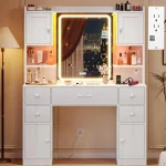 Tiptiper Large Vanity Desk with Lighted Mirror, 5 Drawers Makeup Vanity with Charging Station and Smart Mirror, Time Temperature Display, White