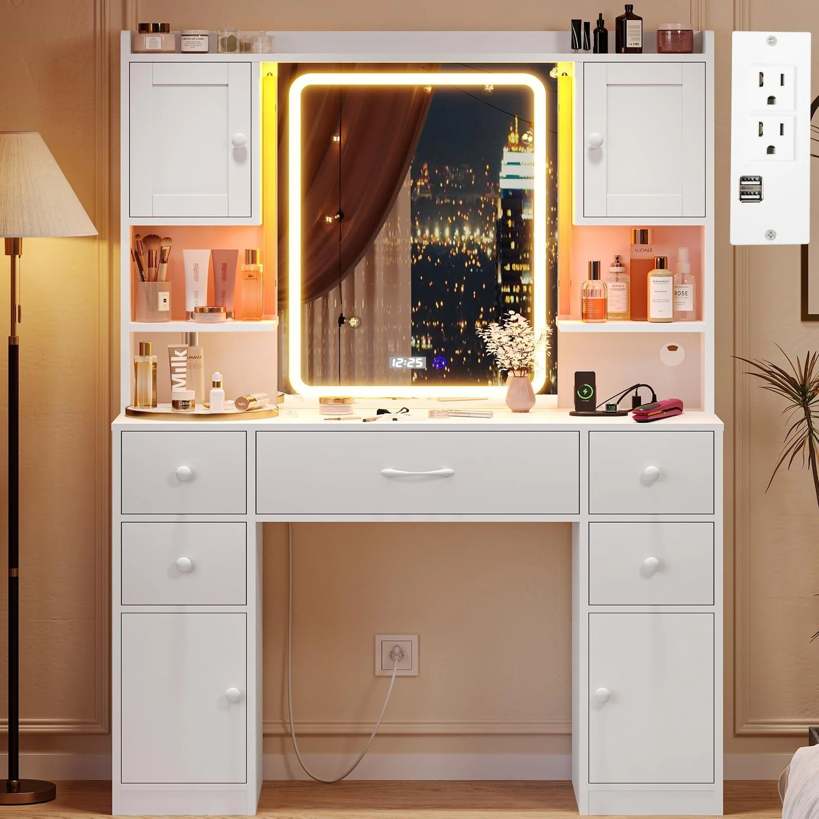 5c25e05195d85c623475c516f626c43d79b64e11aa0a43a6c205d09d0ad44970.webp Tiptiper Large Vanity Desk with Lighted Mirror, 5 Drawers Makeup Vanity with Charging Station and Smart Mirror, Time Temperature Display, White - Image 1
