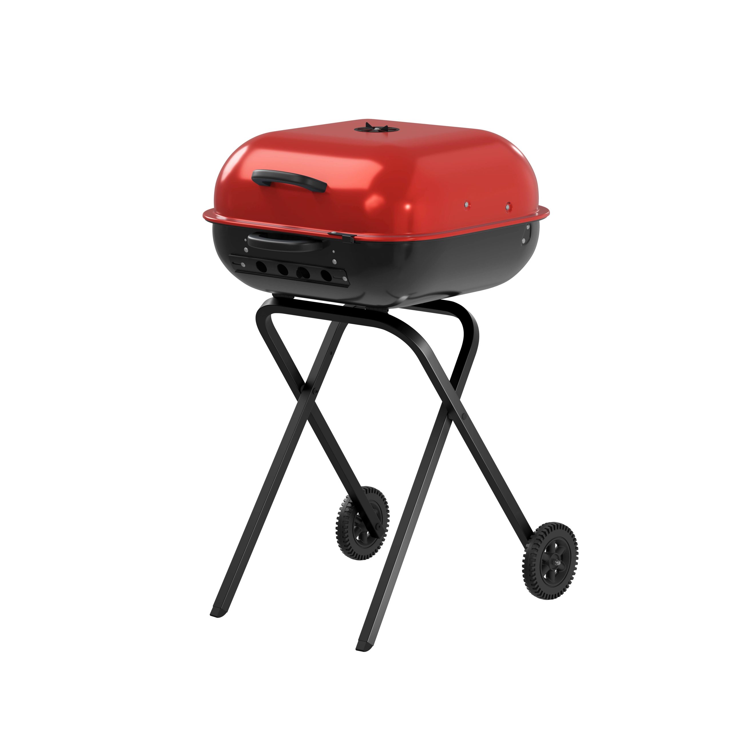 5c7b446377ea738270784df02a0d5bcd2781fa302d36a6f71657d64425ab259d.jpg Americana Walk-A-Bout Portable Red Charcoal Grill - Image 1