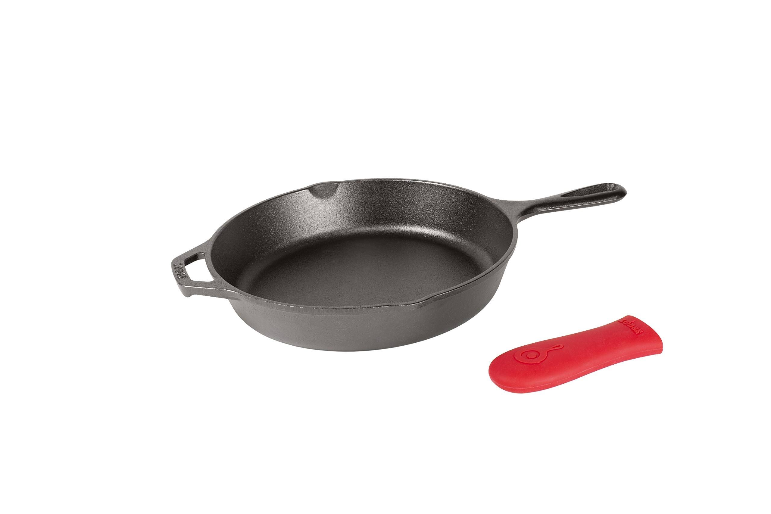 5c8da6e3a4e80f1aa1023295cdb2d24a17f7de8ace1221127b8c05ff2208839d.jpg Lodge Cast Iron Skillet with Red Silicone Hot Handle Holder, 10.25-Inch - Image 1