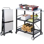 AECOJOY Outdoor Grill Cart Table, Stainless Steel Pizza Oven Stand Trolley Table with Wheels & Handle, Silver