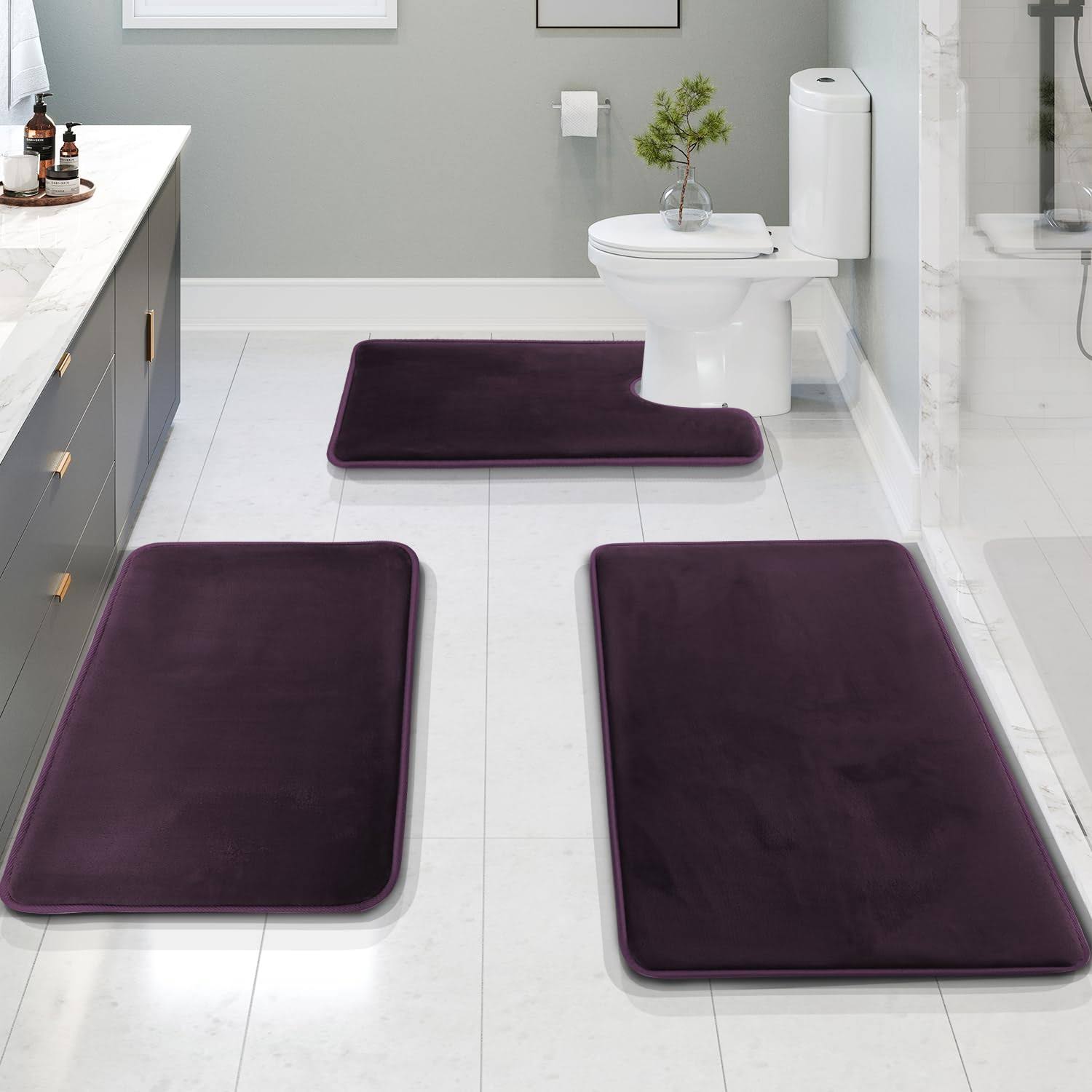 5ca926110eec5779efa5a05673386846945ebfc838f6248e51ed372a14e0570e.jpg Clara Clark Non Slip Memory Foam Tub-Shower Bath Rug Set, Dark Purple, Pack of 3 - Image 1