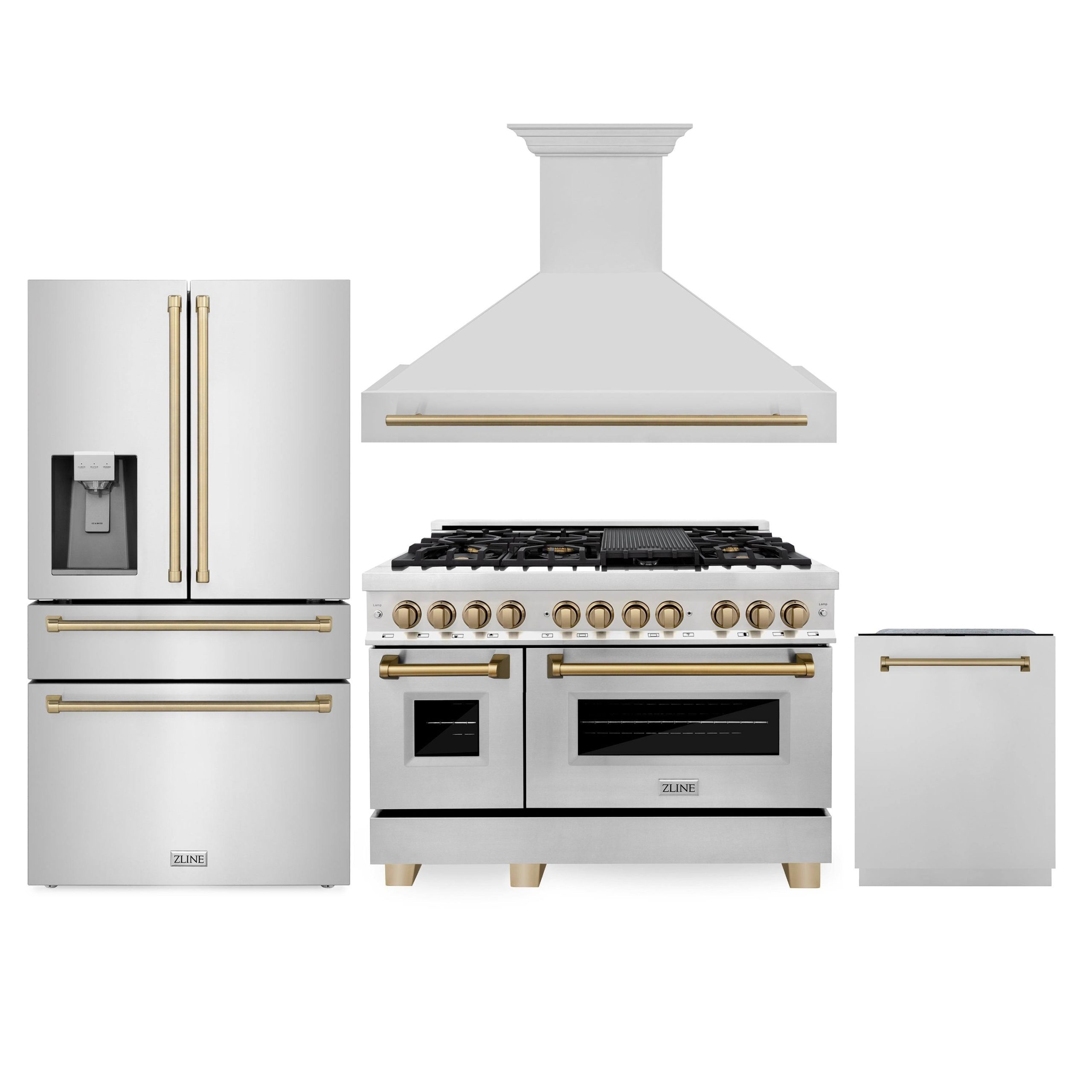 5caf79886e36a589a3a76d08651445320d902d44f6c443334e16812e4c17b4ee.jpg ZLINE Autograph Edition 48 in. Kitchen Package with Stainless Steel Dual Fuel Range, Range Hood, Dishwasher and Refrigeration Including External Water - Image 1