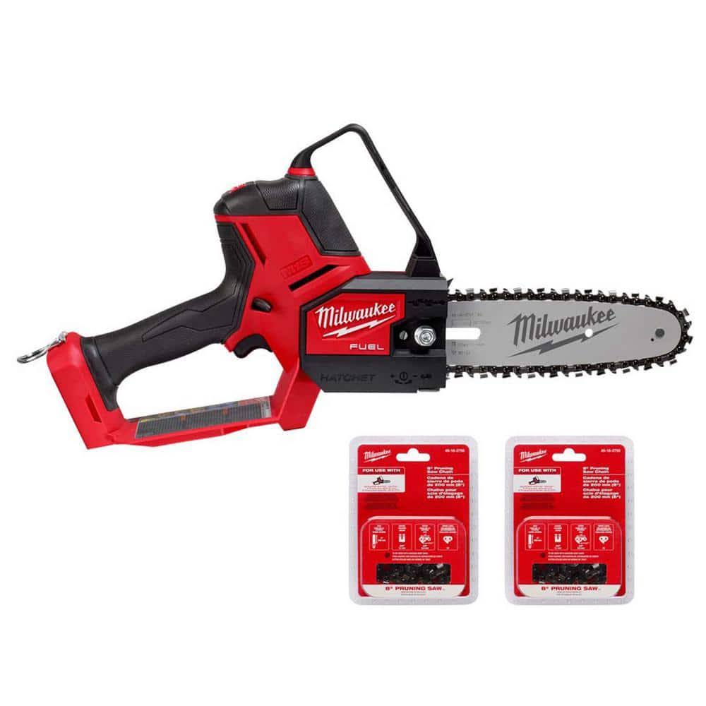 5cccc8297008fb59dee3ae56bd61947e432b89e17d42e912a7a31714d793fe3f.jpg Milwaukee M18 Fuel 8 in. 18V Lithium-Ion Brushless Electric Battery Chainsaw 8 in. Hatchet Pruning Saw with Two 8 in. Saw Chain - Image 1
