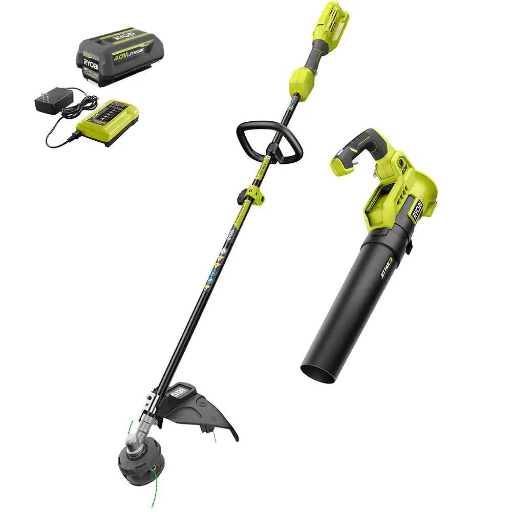 5cdf6532a2d9bcc9e3209664205c0848f758b87c8b926b98f103c8fae691cee6.jpg Ryobi 40V Cordless Battery Attachment Capable String Trimmer and Leaf Blower Combo Kit Multicolor - Image 1