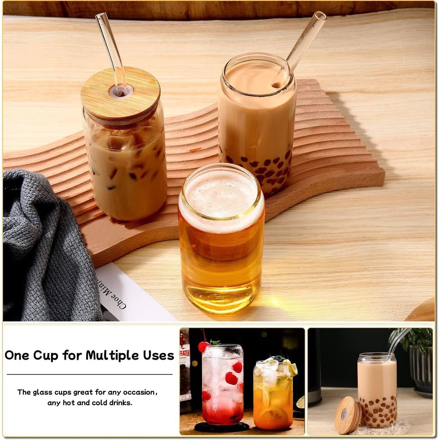 5cf09dda43472d6fa9c386070dee76f2410ee05e3e727b5ee7b1621463b544c3.jpg DWTS DANWEITESI 16oz Glass Cups with Lids and Straws 4pcs-DWTS Coffee Cups,Drinking glasses,Gift 2 Cleaning Brushes - Image 1