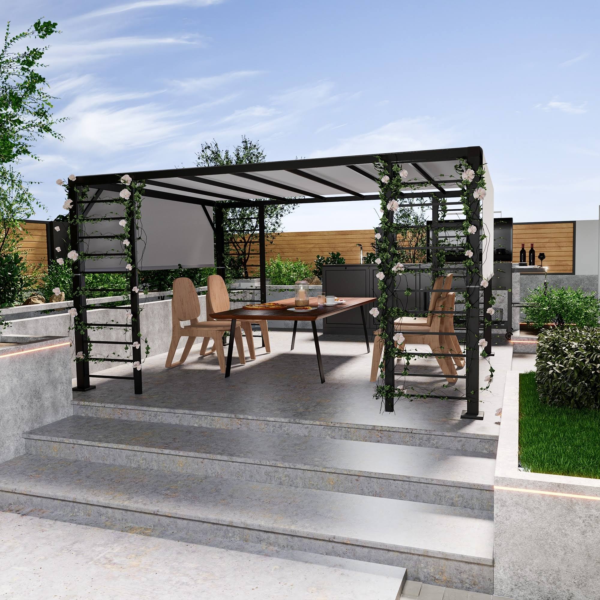 5d1b3c5a25f0df977a6ac155d6bc95e6be695488a9283e456e6b8894c73a5b62.jpg 10 ft. x 12 ft. Aluminum Outdoor Pergola with Gray Retractable Shade - Grey - Image 1