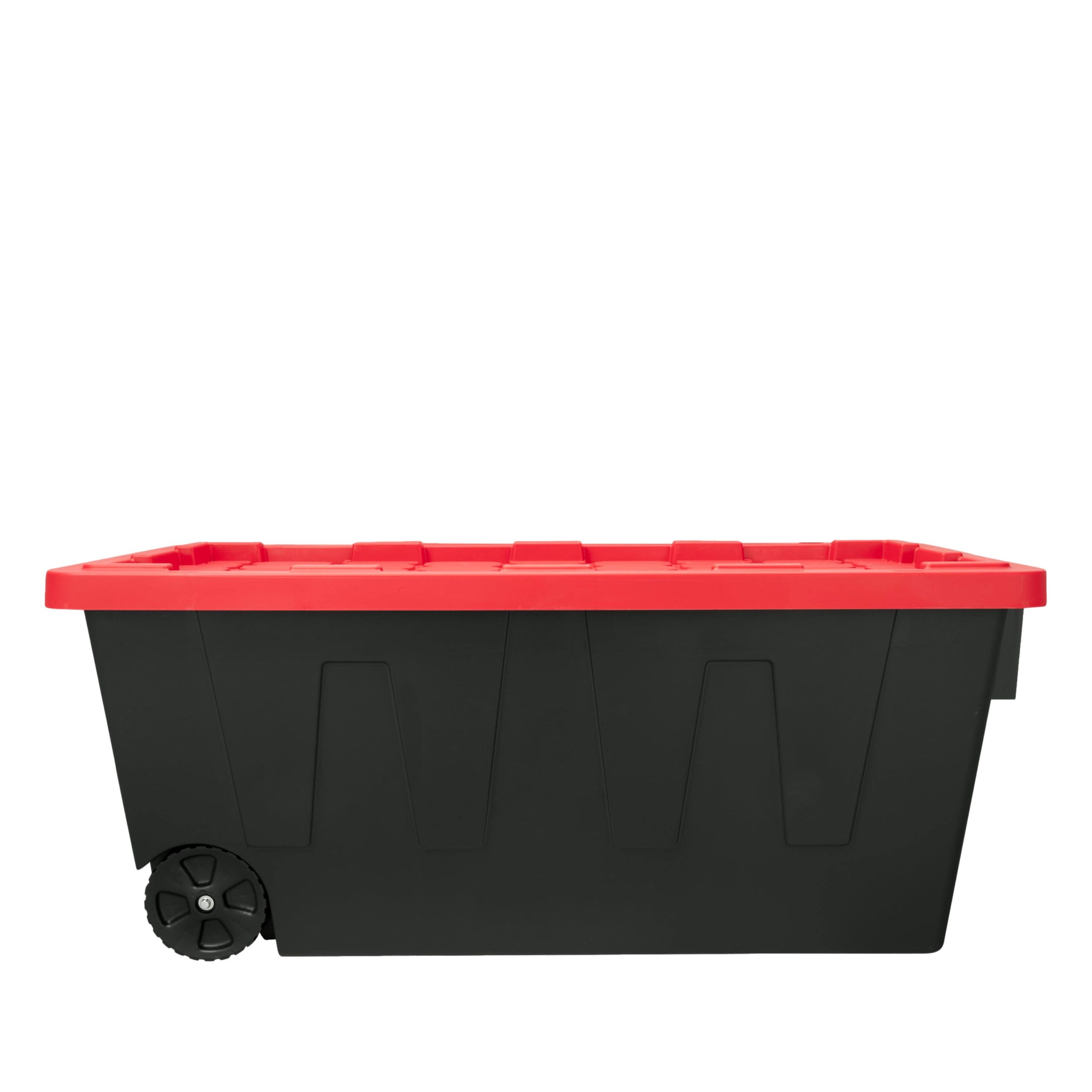 5d2ad4e08f6cdb7c44a0e23c1697523d7f633224e5beb49d442a21fd4d27f683.jpg Hyper Tough 50 Gallon Snap Lid Wheeled Plastic Storage Bin Container Black with Red Lid - Image 1