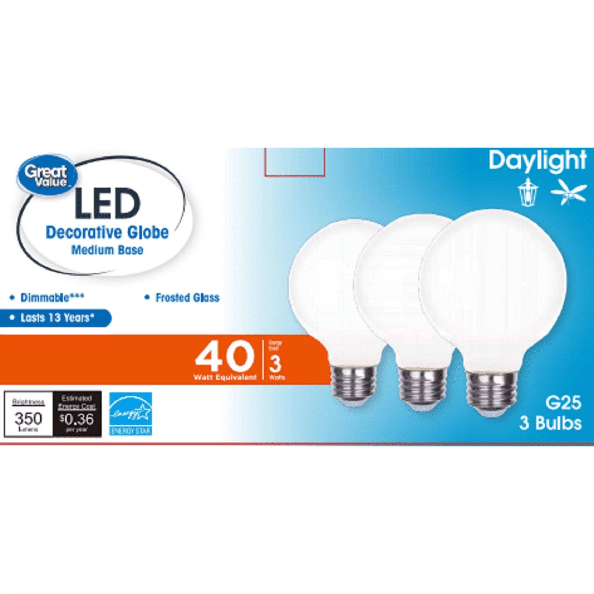 5d35452a8cd2053f9d33ddc8cdea83dc409cecd3e7fb3e85a86960929e260fd5.jpg Great Value G25 LED Bulb, 3-Watt (40w Equivalent) Daylight Decorative Globe E26 Base Dimmable3 Pack - Image 1