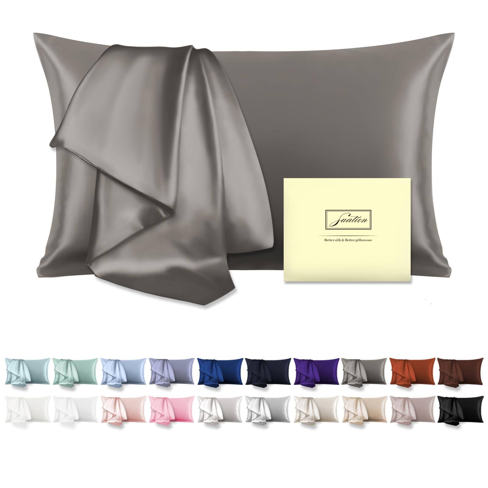 5d4549d09e48bca0e11673967d8b2bea3b3076d85403322e8027d9a010be44aa.jpg Suatien Natural Mulberry Silk Pillowcase for Hair and Skin King Size 20"x36" Gray Pillow Case with Hidden Zipper Soft Breathable Smooth - Image 1