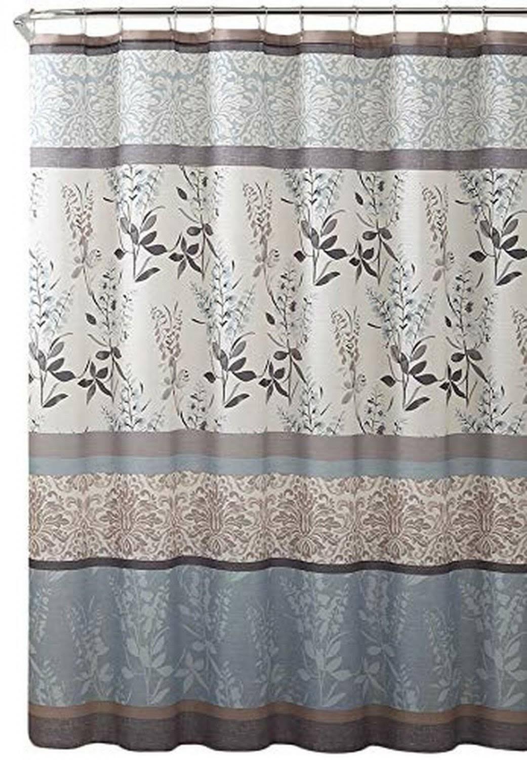 5d6d158333f3d017cd80db3563a36f0f49238016ca7bb01b90c57b8f675f6ea2.jpg Serafina Home Light Blue Beige Grey Fabric Shower Curtain for Bathroom: Contemporary Floral Bordered Damask Design - Image 1