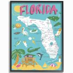The Stupell Home Decor Collection Florida Teal Blue and Pink Illustrated scenic Map Poster Framed Giclee Texturized Art