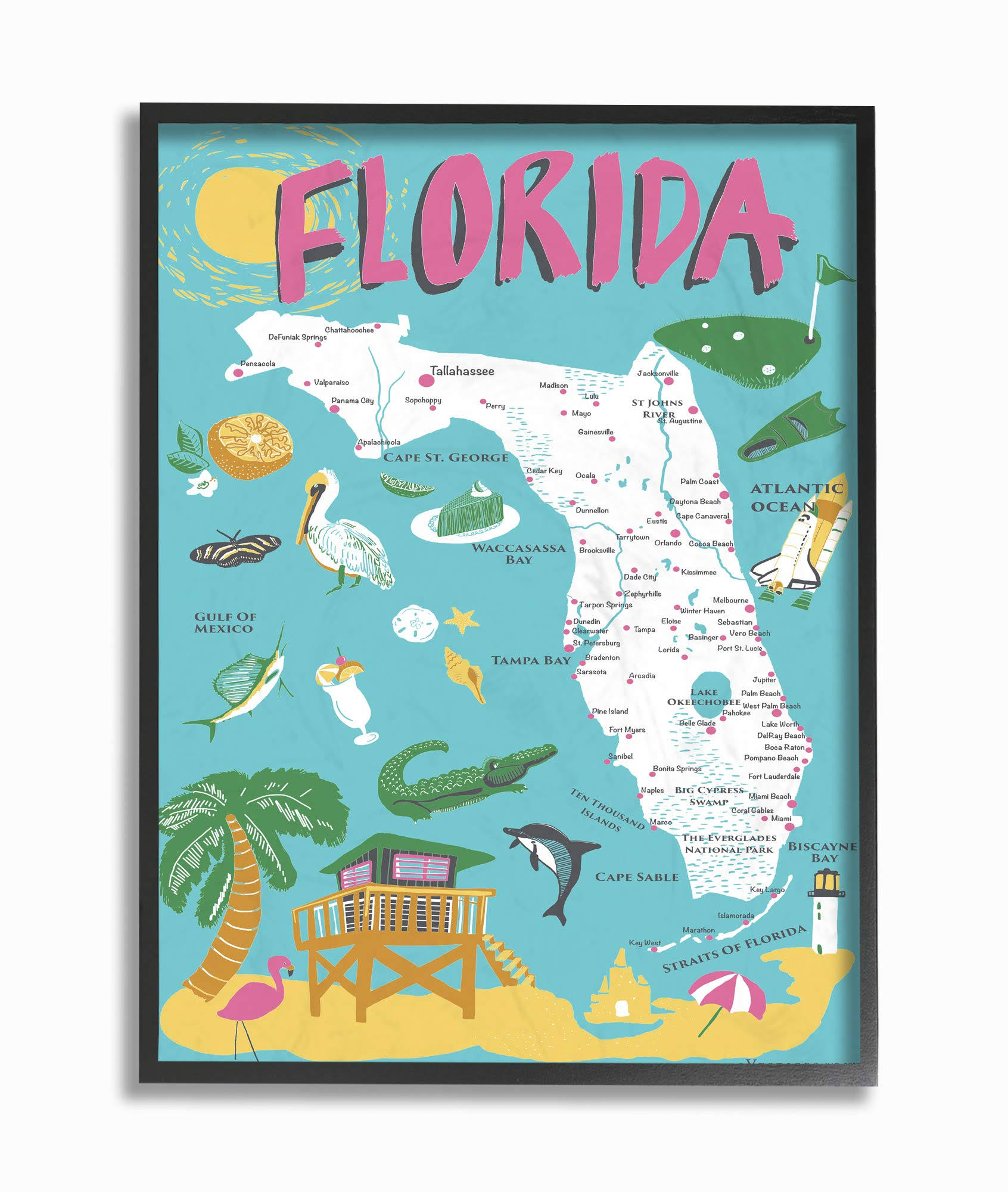 5d7acf21fc6a682881b6074c30d4f865895d3320fa0c678b286177a25a1ddf45.jpg The Stupell Home Decor Collection Florida Teal Blue and Pink Illustrated scenic Map Poster Framed Giclee Texturized Art - Image 1