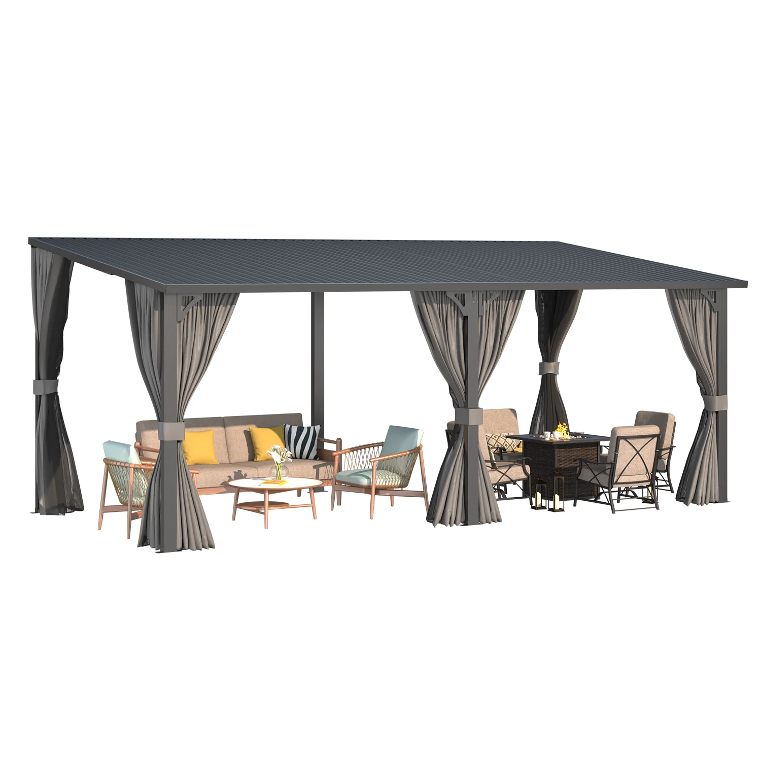 5da17e5ae01a79c29c7bace9063f15a06ed1cddb4a763bd1c3034c3249b01a15.webp AECOJOY 20'x10' Outdoor Hardtop Metal Gazebo with Curtain and Netting - Image 1