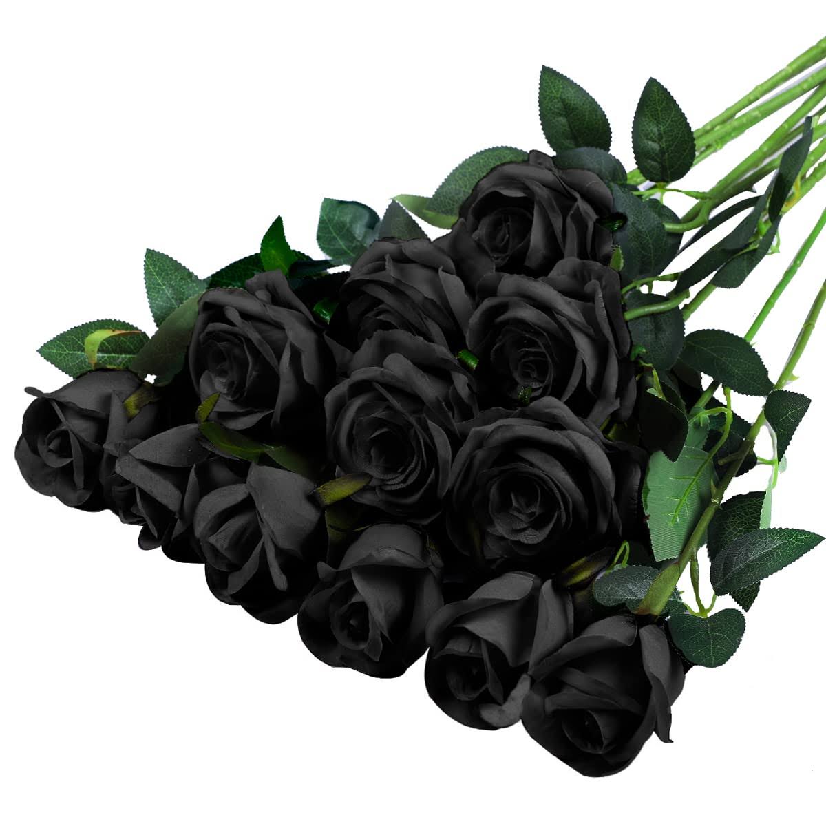 5dd9b571712466af08f6cdeb9af63cfcd4cf865e24b9f318e994257f2d57ec3a.jpg Hawesome 12pcs Artificial Silk Flowers Realistic Roses Bouquet Long Stem for Home Wedding Decoration Party (Black) - Image 1